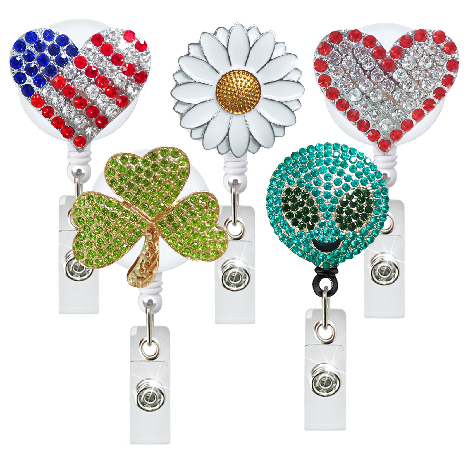 Wholesale Lovely Glass Rhinestones Love Flowers Clover Skull Telescopic Rotation Easy To Pull The Button
