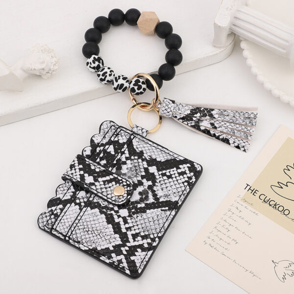 Wholesale Leopard Silicone Beaded Leather Tassel Card Bag Wrist Keychain