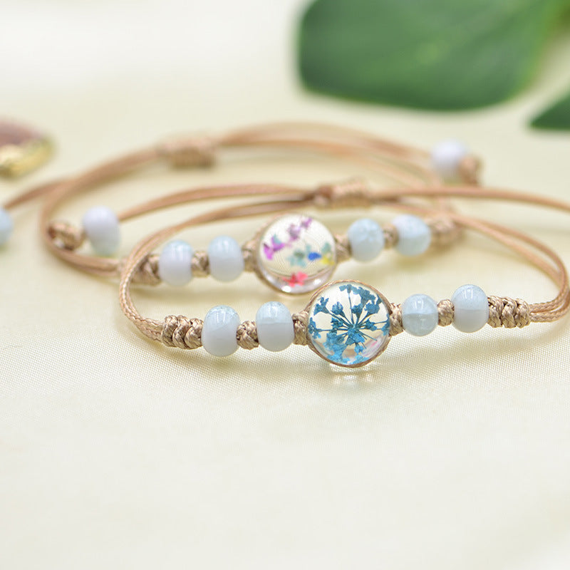 Wholesale Ceramic Glass Ball ied Flower Plant Real Flower Woven Bracelet