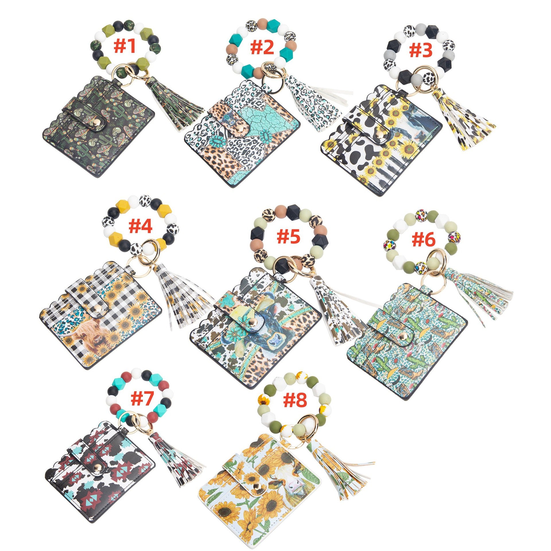 Wholesale Leopard Print Suower Card Holder Tassel Silicone Beaded Wrist Keychain