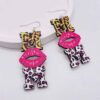 Wholesale Mother's Day MOM Leopard Pink Lip Print Wooden Earrings