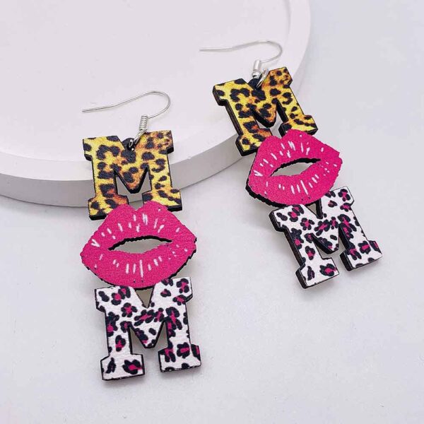 Wholesale Mother's Day MOM Leopard Pink Lip Print Wooden Earrings