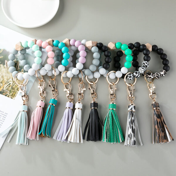 Wholesale Leopard Print Silicone Beaded Tassel Wrist Keychain