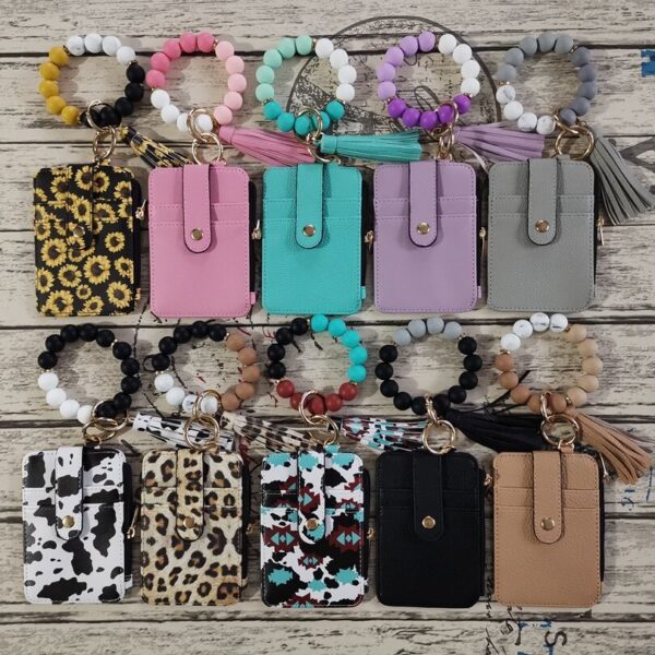 Wholesale Leopard Print Cow Print Western Style Card Holder Silicone Beaded Wrist Keychain