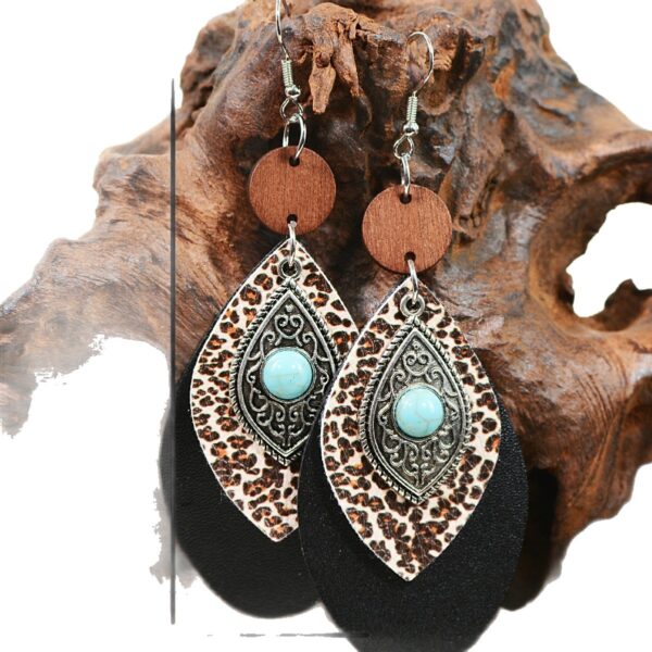 Wholesale of Western Style Multi-layer Leopard Patterned Alloy Turquoise Leather Earrings