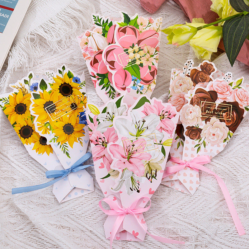 Wholesale Mother's Day Teacher's Day Paper 3D Flower Bundle Bowtie Gold Plated Greeting Cards