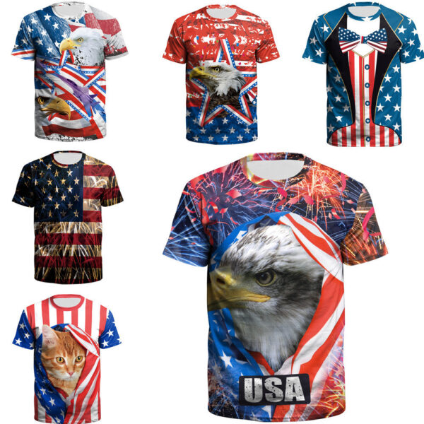 O1CN01gX0GFH1Y6AgARhjZ2_2215458823009-0-cib Wholesale American Independence Day Flag 3D Digital Printing Round Neck Casual T-Shirt