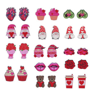 Wholesale Valentine's Day Bear Flowers Red Lips Cartoon Cake Wooden Earrings
