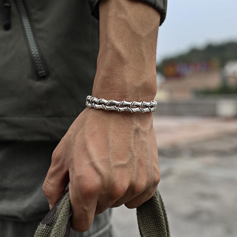 Wholesale Gothic Temu Men's Woven Double Layer Bamboo Joint Alloy Bracelet