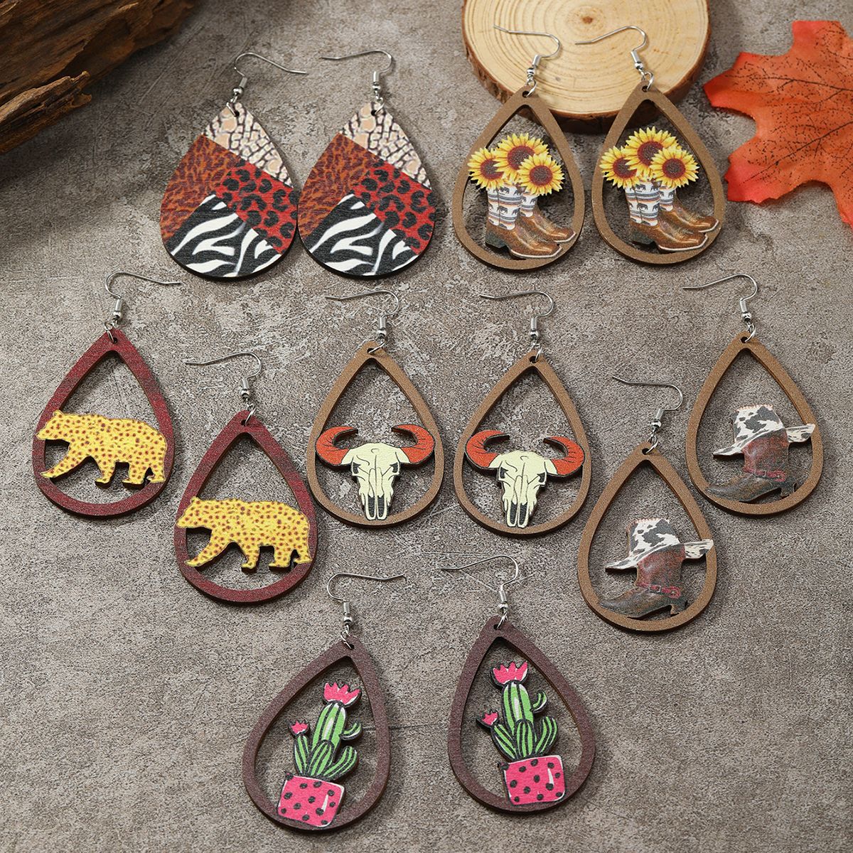 Wholesale op Shaped Wooden Hollow Suower Leopard Shoes Cactus Earrings