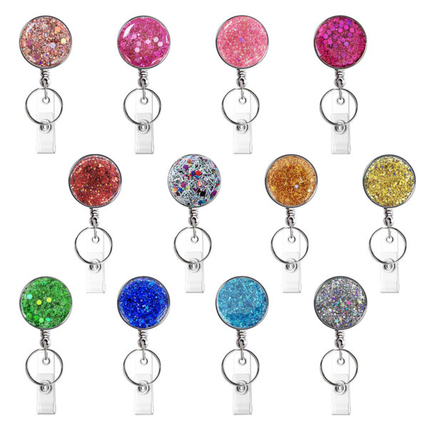 Wholesale Badge Reels UV Electroplated Resin Glitter Sequins Epoxy Badge Reel Retractable Keychain