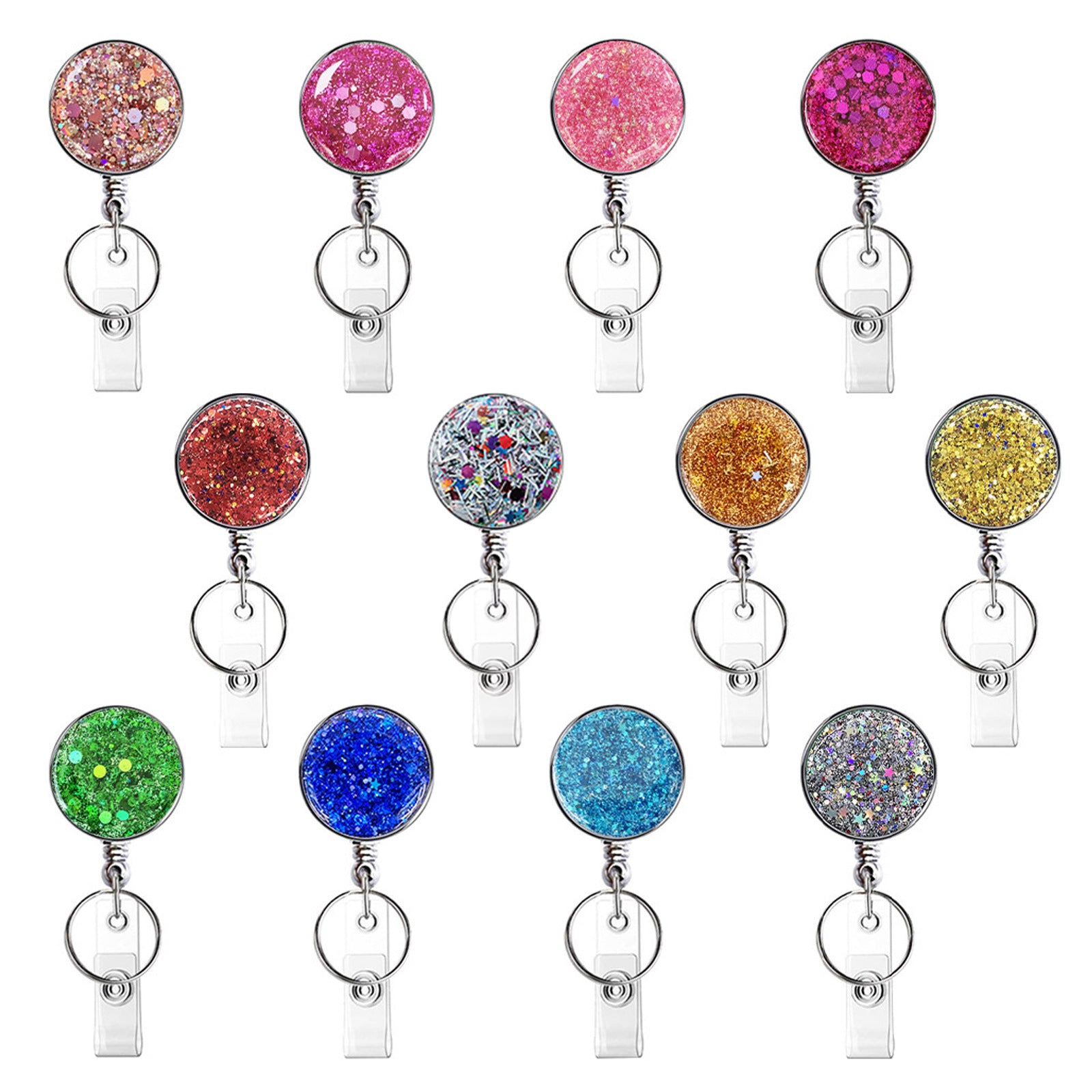 Wholesale Badge Reels UV Electroplated Resin Glitter Sequins Exy Badge Reel Retractable Keychain