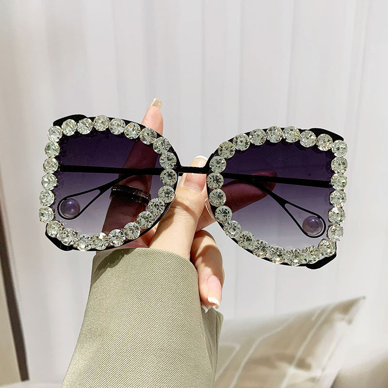 Wholesale Square Frame Diamond and Pearl Temple PC Sunglasses
