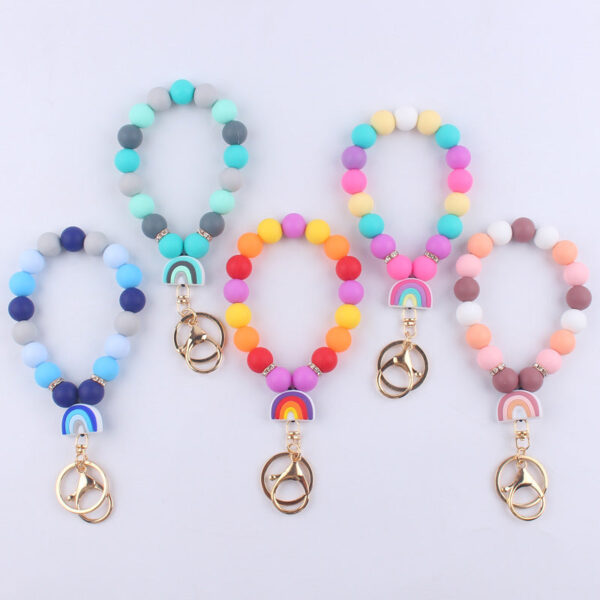 Wholesale Rainbow Silicone Beaded Wrist Keychain