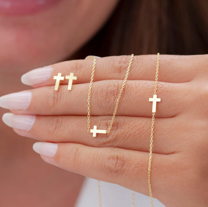 Wholesale Cross-border European and American Fashion Simple Niche Design Cross Earrings Bracelet Necklace suit High Design Sense suit
