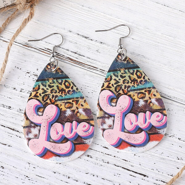 Wholesale Valentine's Day Love Leopard Heart Water Drop Pendant PU Double-sided Valentine's Day Earrings