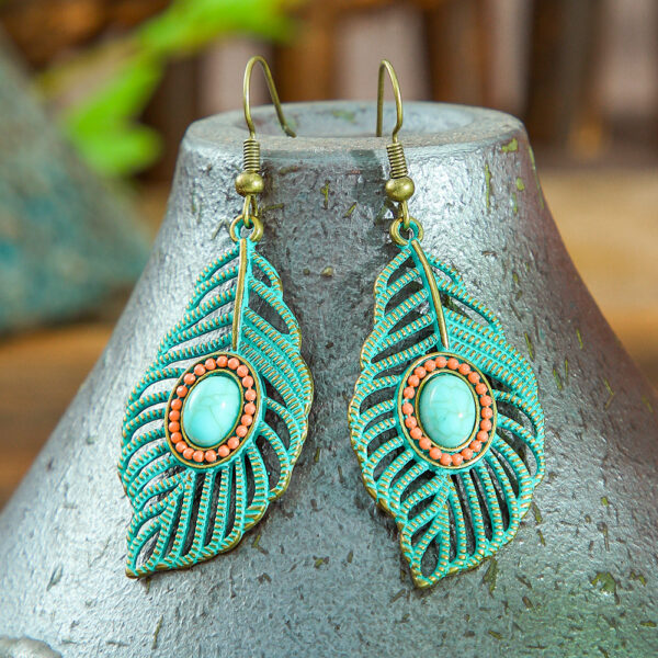 Wholesale Bohemian Hollow Tree Leaf Inlaid Turquoise Drop Earrings