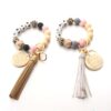 Wholesale Silicone Wooden Beads Leather Tassel MAMA Wrist Keychain