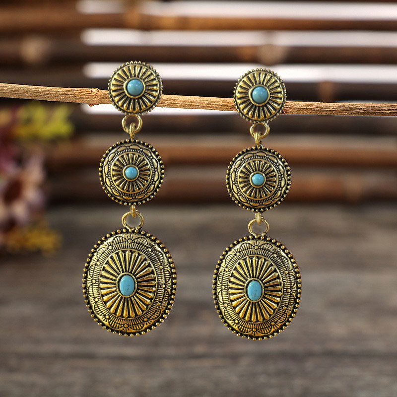 Wholesale Gold Pumpkin Flower Inlaid with Turquoise Long Alloy Earrings