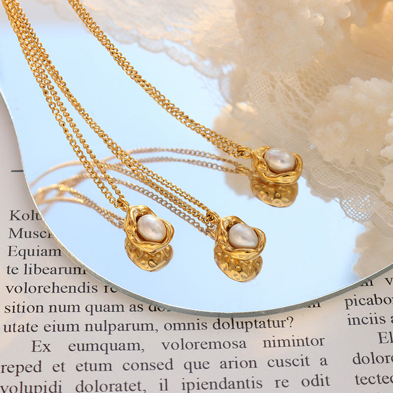 Wholesale Natural Freshwater Pearl Inlaid Shaped Pendant Titanium Steel Necklaces