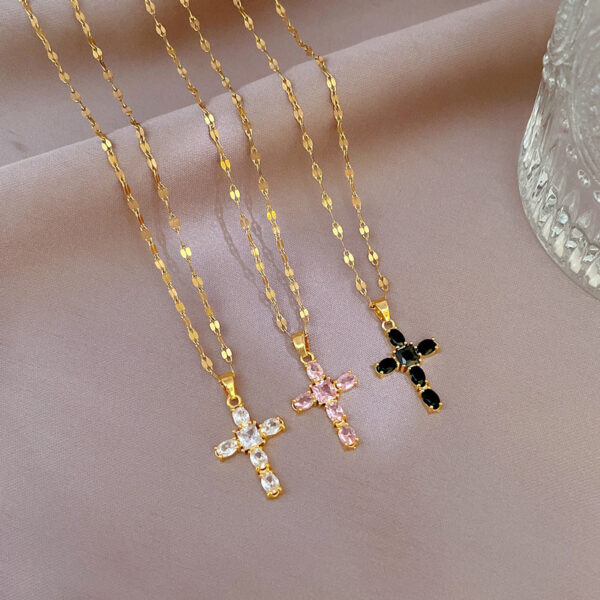 Wholesale Titanium Steel Micro-paved Light Luxury Zircon Cross Necklace Clavicle Chain