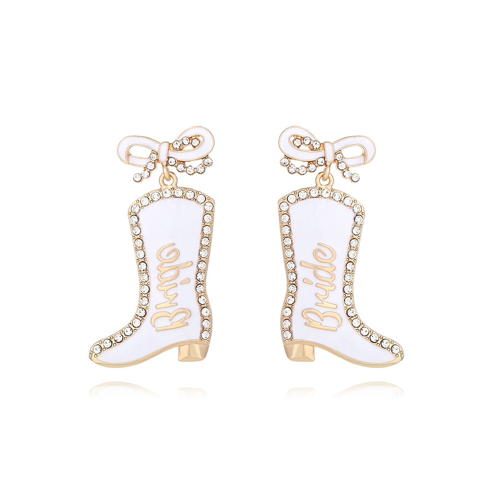 Wholesale European and American bow drop oil diamond letter boots earrings personality Western style BRIDE letter denim boots earrings