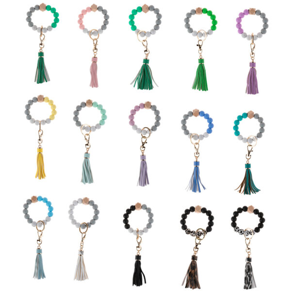 Wholesale Leopard Print Silicone Beaded Tassel Wrist Keychain