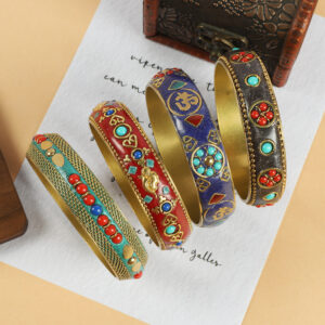 Wholesale Xizang Nepalese Style Vintage Brass Bracelet Set with Turquoise Xizang Handmade Bracelet Ethnic Style Bracelet for Men and Women Accessories