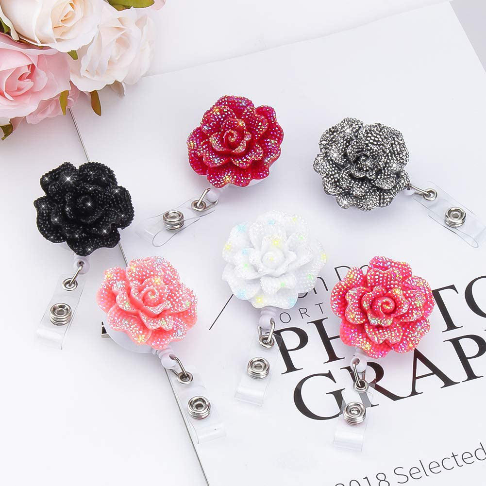 Wholesale Badge Reels Shiny Flowers Acrylic Retractable Keychains