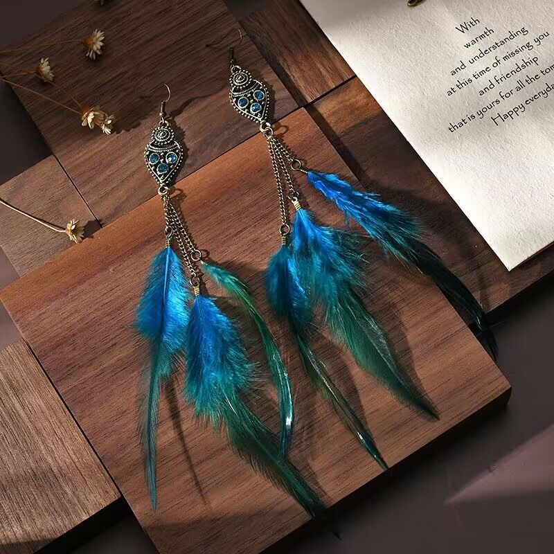 Wholesale Long chain feather earrings, European and American ethnic style feather earrings