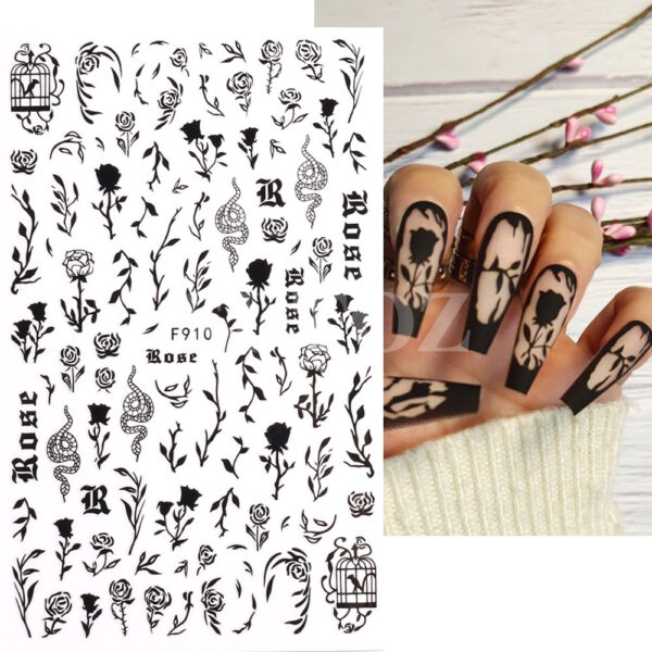 Wholesale Black and White Snake Rose Nail Art Stickers