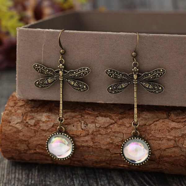 Wholesale Retro Dragonfly Stitching Colored Stone Bohemian Style Long Alloy Earrings