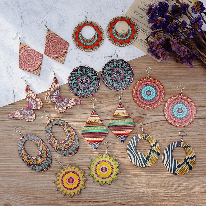 Wholesale Vintage Printed Wooden Earrings