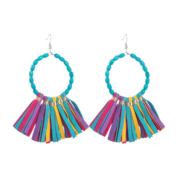 Wholesale Large Round Turquoise Handmade Leather Tassel Earrings