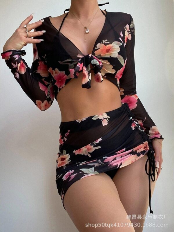 Wholesale Four-piece Set Split Printed Mesh Long Sleeve Swimwear