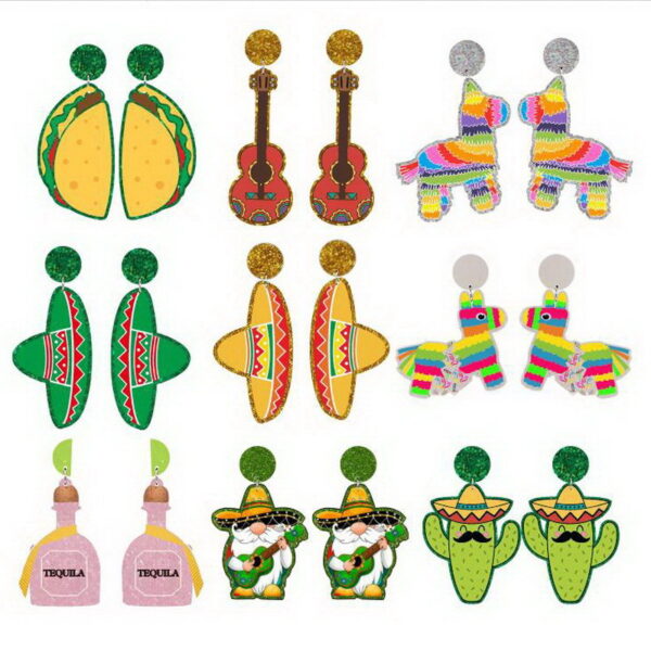Wholesale Mexican Mariachia Aztec Carnival Hat Violin Color Print Geometric Acrylic Earrings