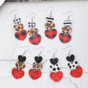 Wholesale Valentine's Day Multi-layer Love Leopard Print Sequin Plaid Leather Earrings