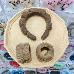 Dark coffee headband (terry velvet) + 2 wrist straps (seam interface)