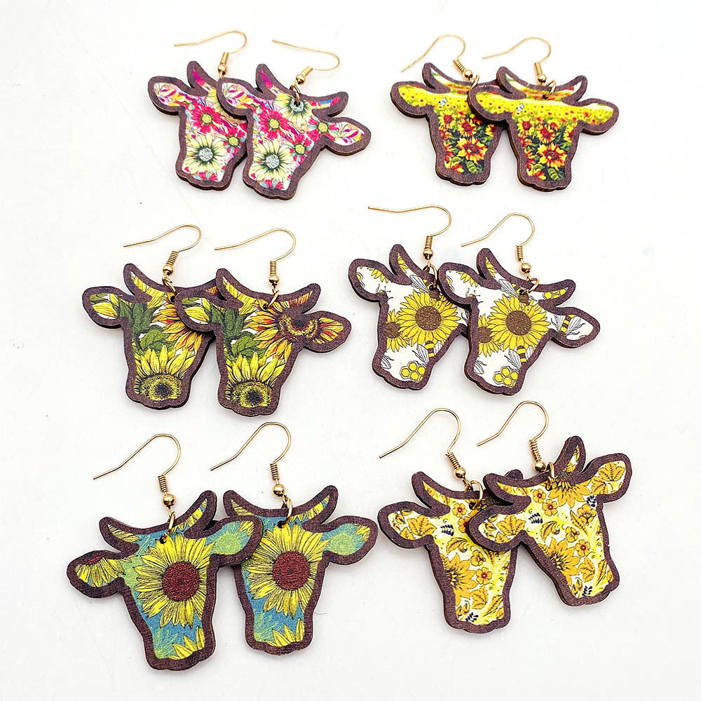 Wholesale Vintage Wooden Western Bullhead Suower Bohemian Earrings