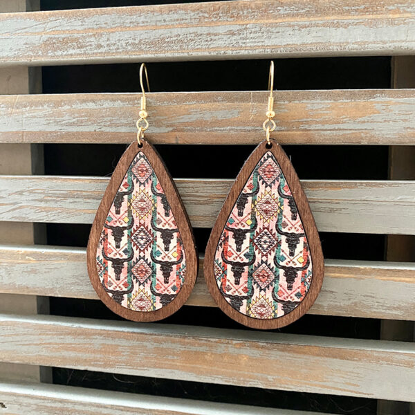 Wholesale Western Vintage Water Drop Pattern Wooden Earrings