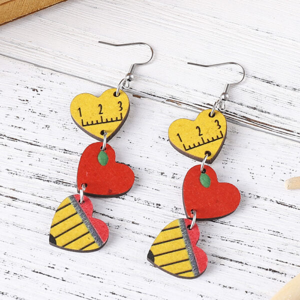 Wholesale Apple Pencil Ruler Heart Wooden Earrings