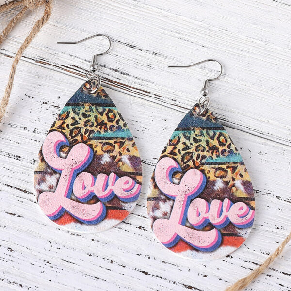 Wholesale Valentine's Day Love Leopard Heart Water Drop Pendant PU Double-sided Valentine's Day Earrings