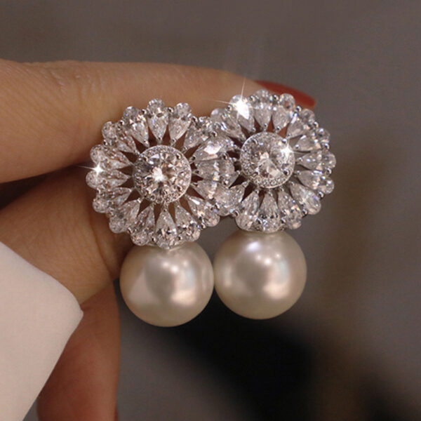 Wholesale Flower Zircon Imitation Pearl Copper Earrings