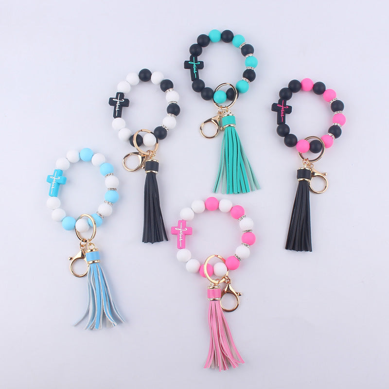 Wholesale Cartoon Silicone Cross Bead Tassel Wrist Keychain