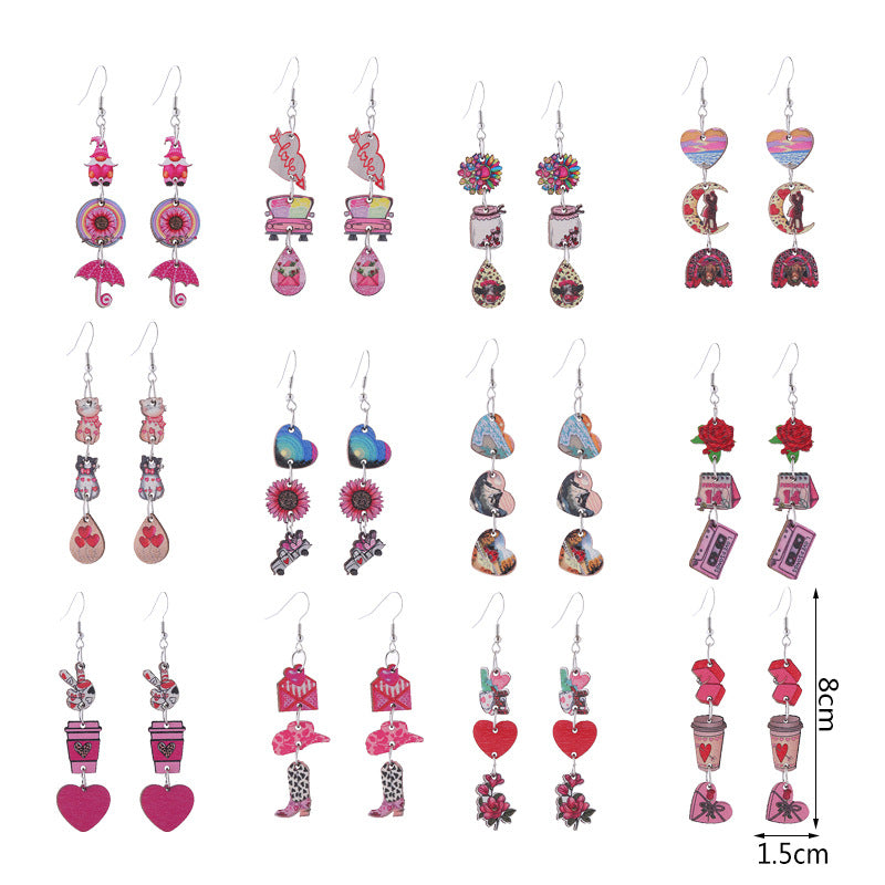 Wholesale Valentine's Day Love Boots Cat Cowboy Hat Wooden Earrings