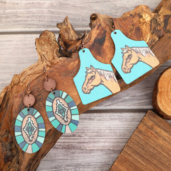 Wholesale of Western Wind Bull Head Sunflower Cactus Horse Head Wooden Slice Earrings