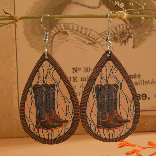 Wholesale Western Cowboy Boots Hat Teardrop Shape Wooden Earrings