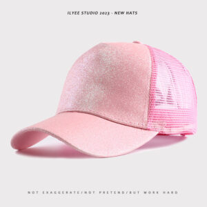 Solid color sequins back open ponytail net cap pink / Adjustable