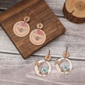 Wholesale Western Style Butterfly Bee Flower Pattern Wooden Earrings