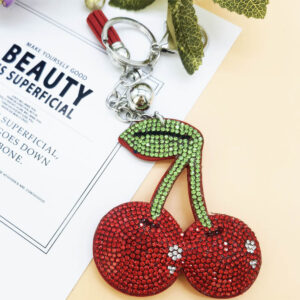 Wholesale Diamond studded hot pressed cherry keychain
